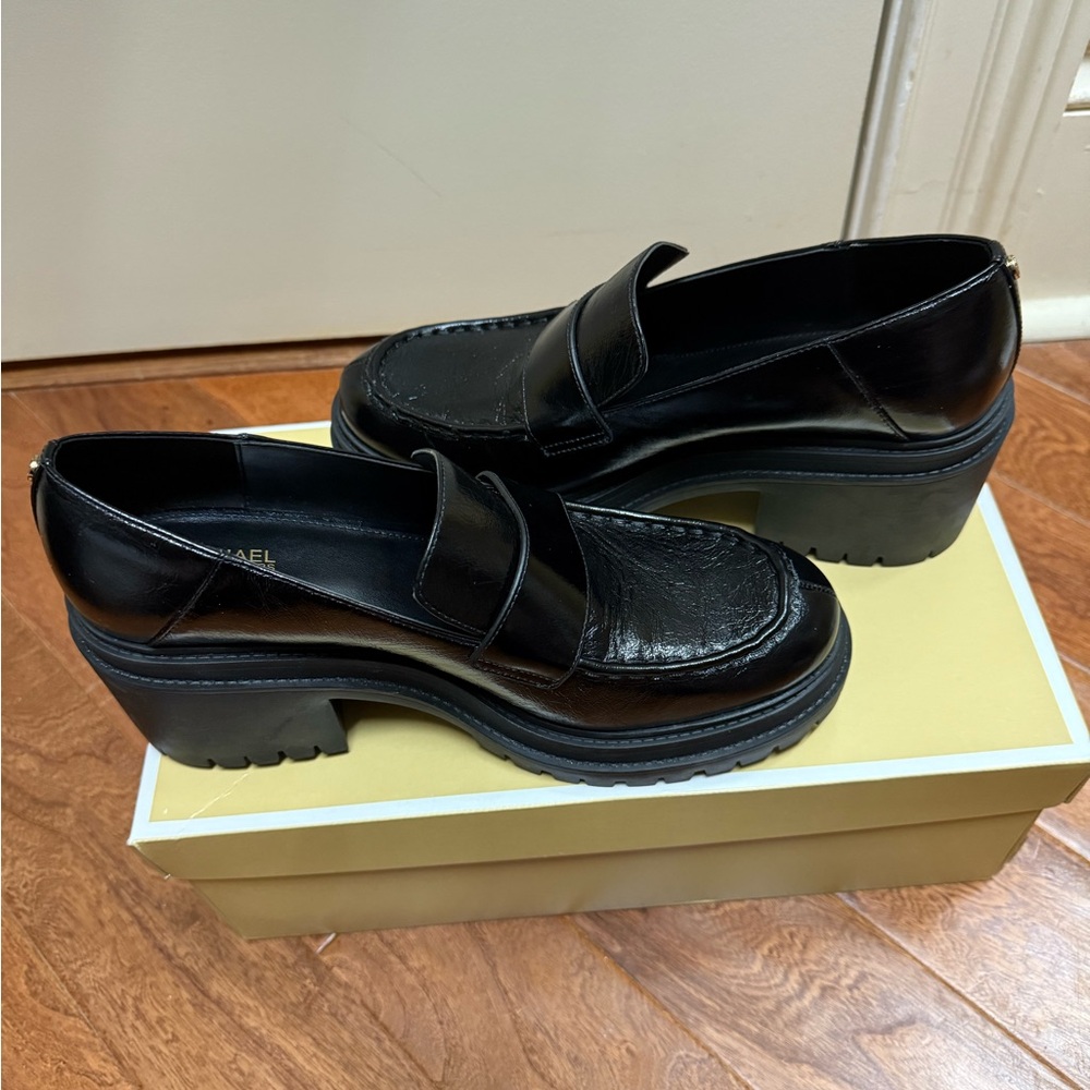 Michael Kors Rocco Crackled Patent Black Leather Chunky Heel Loafers